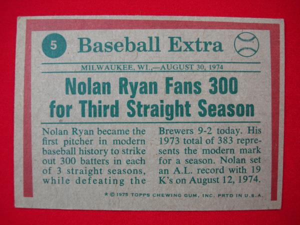 Vintage 1975 Topps Nolan Ryan Baseball Card #5 ('74 Highlights) - California Angels