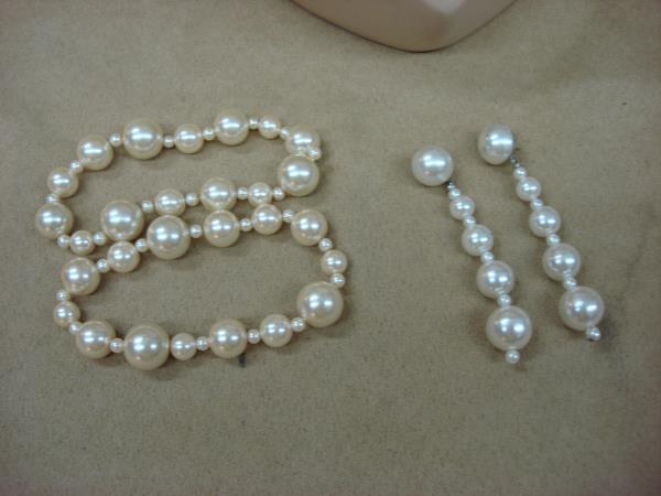 Vintage 1970s Japan Faux Pearl Jewelry Set - Necklace, Bracelets & Dangle Earrings
