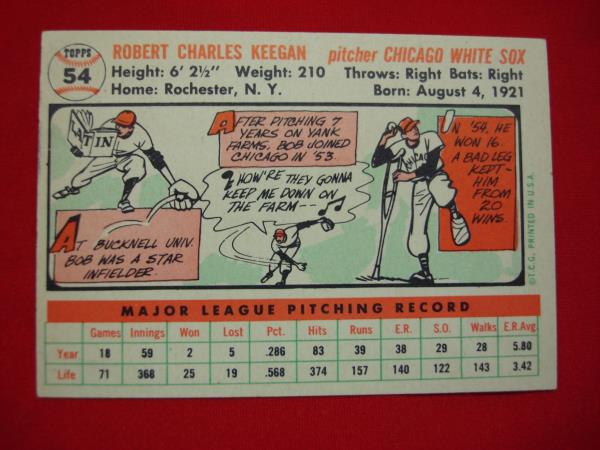 Vintage 1956 Topps Bob Keegan Chicago White Sox Baseball Card #54