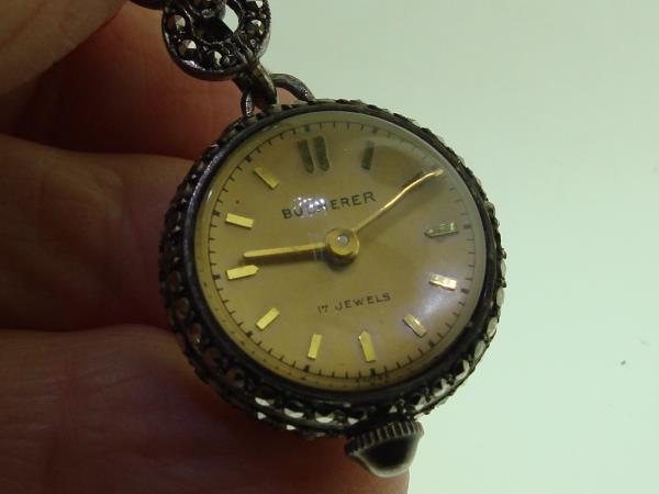 Vintage Bucherer 17 Jewels Skeleton Bubble Watch Pin w/Marcasites - Working & Elegant