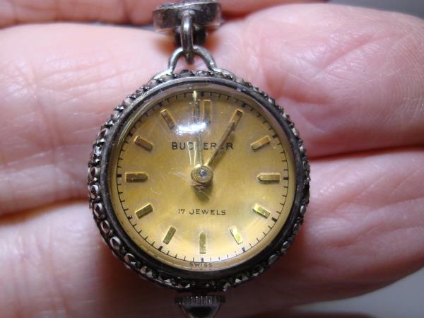 Vintage Bucherer 17 Jewels Skeleton Bubble Watch Pin w/Marcasites - Working & Elegant