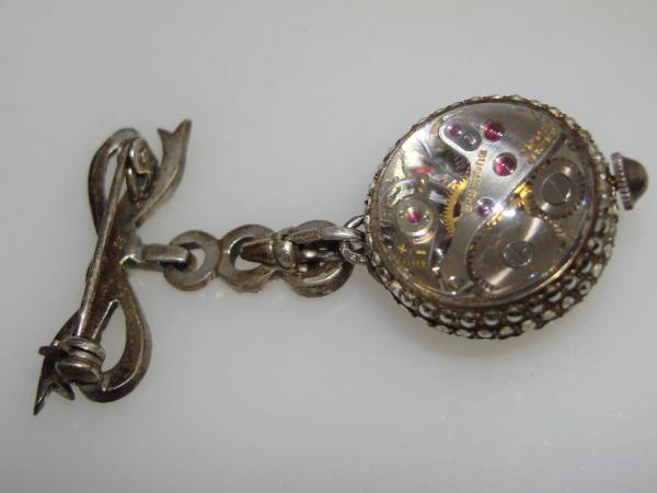 Vintage Bucherer 17 Jewels Skeleton Bubble Watch Pin w/Marcasites - Working & Elegant