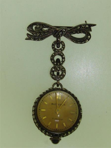 Vintage Bucherer 17 Jewels Skeleton Bubble Watch Pin w/Marcasites - Working & Elegant