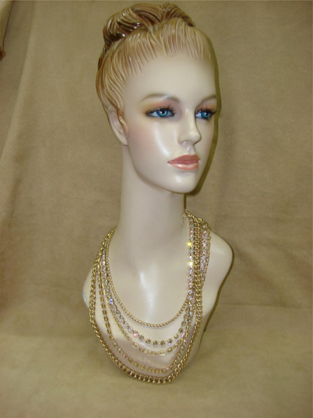 Vintage 1980s Gold Tone Rhinestone Necklace | 5 Strand Chunky Statement Piece