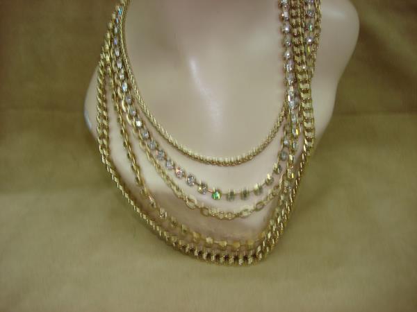 Vintage 1980s Gold Tone Rhinestone Necklace | 5 Strand Chunky Statement Piece