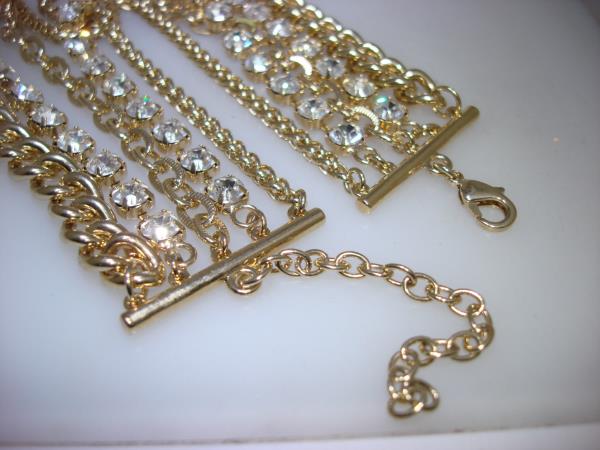 Vintage 1980s Gold Tone Rhinestone Necklace | 5 Strand Chunky Statement Piece