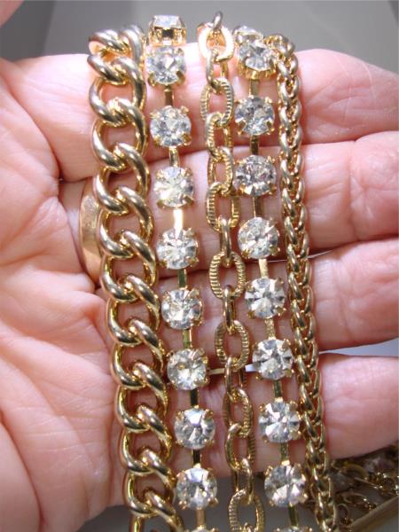 Vintage 1980s Gold Tone Rhinestone Necklace | 5 Strand Chunky Statement Piece