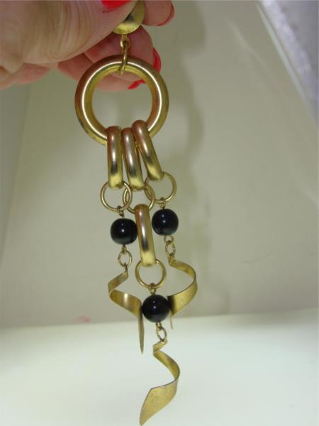 Vintage 1980s Gold Tone Dangle Earrings - Statement Jewelry with Black Glass & Oval Rings