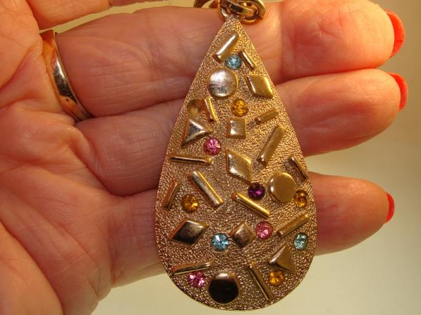 Vintage 1960s Sarah Cov Gold Tone Rhinestone Pendant Necklace - Chunky Chain
