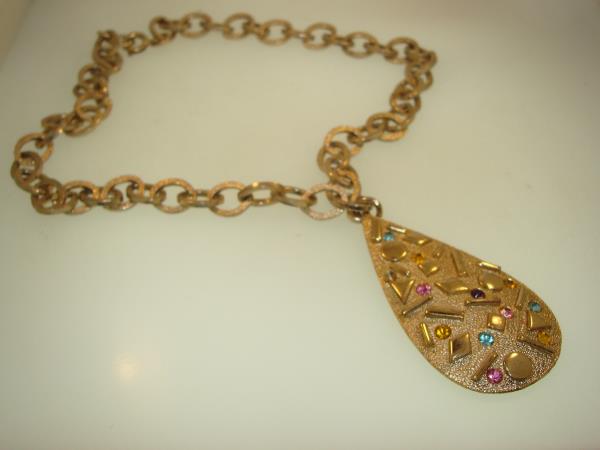 Vintage 1960s Sarah Cov Gold Tone Rhinestone Pendant Necklace - Chunky Chain