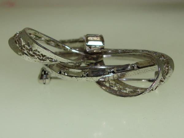 Vintage Sterling Silver Filigree Brooch w/ Foiled Baguette Rhinestones