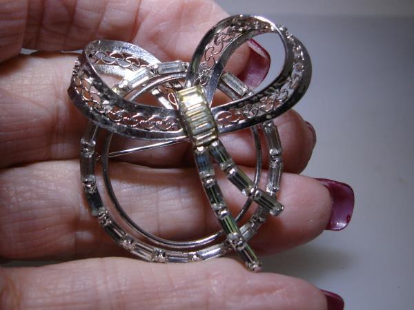 Vintage Sterling Silver Filigree Brooch w/ Foiled Baguette Rhinestones