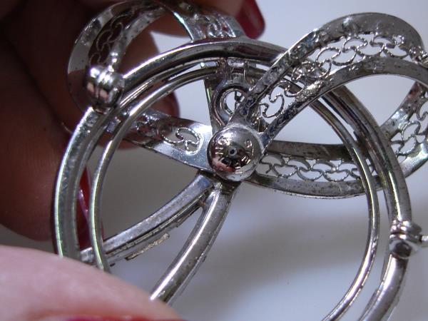 Vintage Sterling Silver Filigree Brooch w/ Foiled Baguette Rhinestones