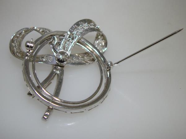 Vintage Sterling Silver Filigree Brooch w/ Foiled Baguette Rhinestones