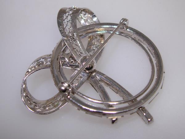 Vintage Sterling Silver Filigree Brooch w/ Foiled Baguette Rhinestones