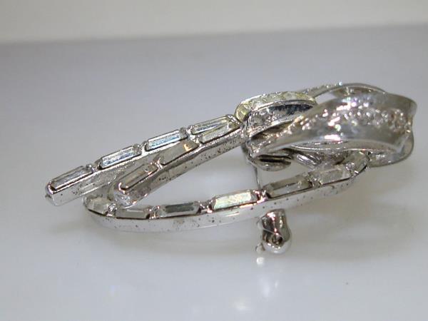 Vintage Sterling Silver Filigree Brooch w/ Foiled Baguette Rhinestones