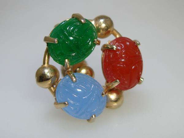 Vintage Scarab Screw Back Earrings (1960s-70s) - Gold Tone, Blue Green Red Stone Inlay