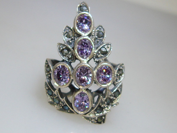 Vintage Sterling Silver Tanzanite & Marcasite Filigree Ring, Size 5.5