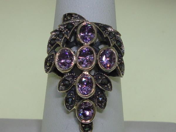 Vintage Sterling Silver Tanzanite & Marcasite Filigree Ring, Size 5.5