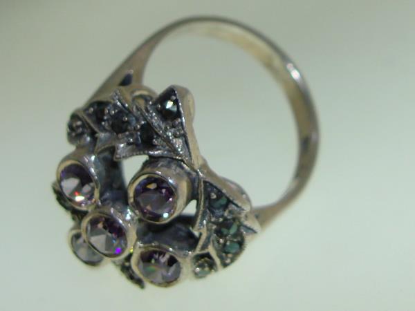 Vintage Sterling Silver Tanzanite & Marcasite Filigree Ring, Size 5.5