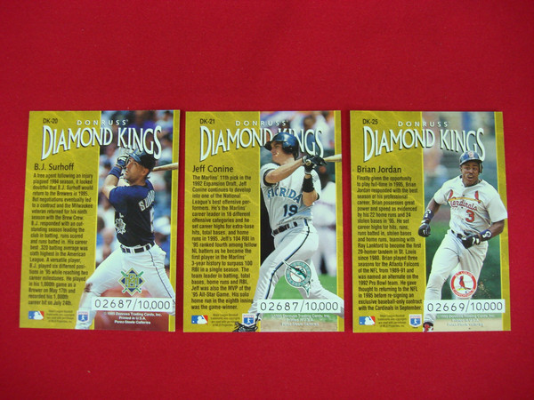 1996 Donruss Diamond Kings Gold Foil Parallels - Conine, Surhoff & Jordan (3-Card Set)