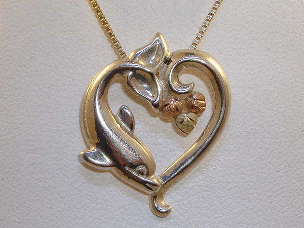 Vintage Coleman & Co. 12K Tri-Color Gold Dolphin Heart Pendant Necklace (.925 Sterling Silver)