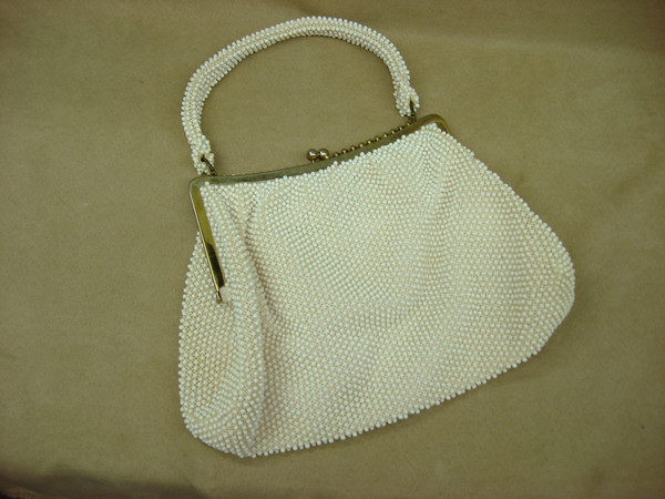 Vintage 1940s-50s Corde Bead Purse | Gold Kiss Clasp, Mirror & Hand Mirror - Unique Find!