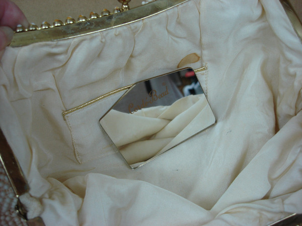 Vintage 1940s-50s Corde Bead Purse | Gold Kiss Clasp, Mirror & Hand Mirror - Unique Find!