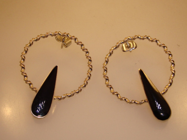 Sterling Silver & Onyx Hoop Earrings by ND | Designer 925 Silver  | Elegant Black Onyx