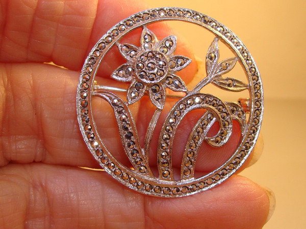 Vintage Sterling Silver Marcasite Pin Brooch 1940s-50s, Floral Design