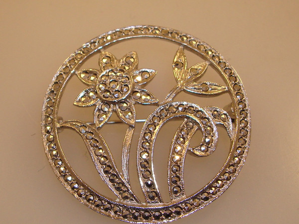 Vintage Sterling Silver Marcasite Pin Brooch 1940s-50s, Floral Design