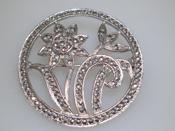 Vintage Sterling Silver Marcasite Pin Brooch 1940s-50s, Floral Design