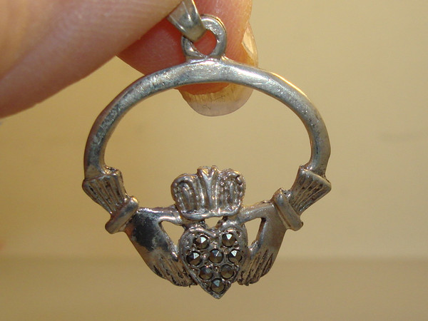 Vintage Irish Sterling Silver & Marcasite Claddagh Heart Pendant - Hallmarked