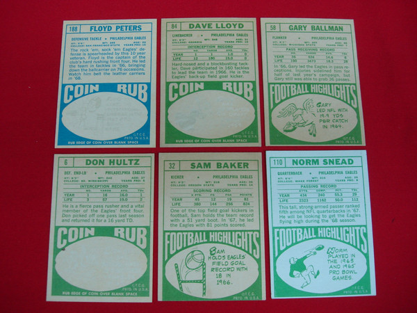 Vintage 1968 Topps Philadelphia Eagles Football Card Lot (6 Cards) - EX/BTR Condition