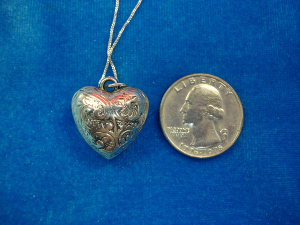 Sterling Silver Puffy Heart Pendant Necklace - Unique Fancy Design, 18 Inch Chain