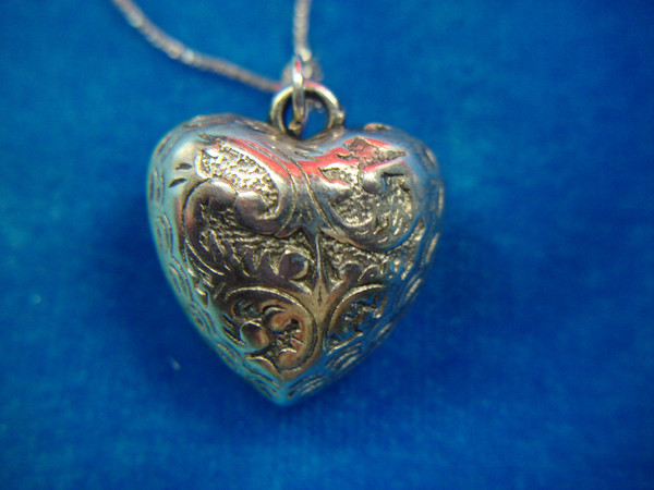 Sterling Silver Puffy Heart Pendant Necklace - Unique Fancy Design, 18 Inch Chain