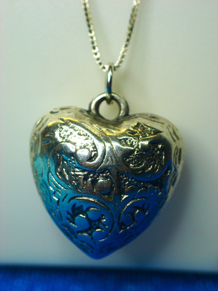 Sterling Silver Puffy Heart Pendant Necklace - Unique Fancy Design, 18 Inch Chain