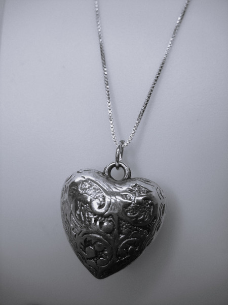 Sterling Silver Puffy Heart Pendant Necklace - Unique Fancy Design, 18 Inch Chain