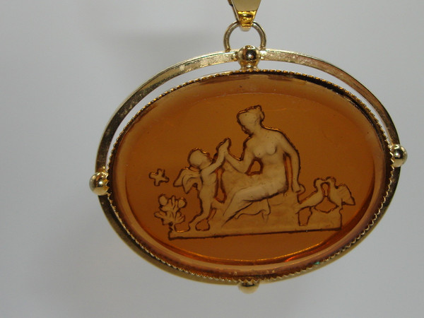 Vintage Reverse Carved Carnelian Glass Pendant Necklace - Mother & Angel Design