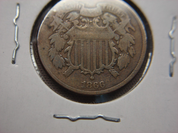 1866 U.S. Two Cent Piece - Antique Copper Coin, Chocolate Patina & Fine Detail