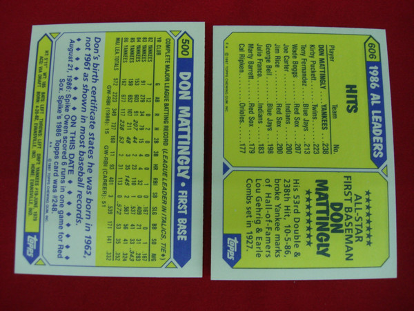 Don Mattingly 1987 Topps Tiffany Glossy Card Lot #500 & #606 - New York Yankees