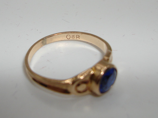 Vintage 10K Gold Baby Ring with Faux Sapphire, Signed OB, Size 2.5