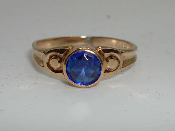 Vintage 10K Gold Baby Ring with Faux Sapphire, Signed OB, Size 2.5
