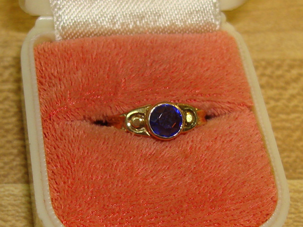 Vintage 10K Gold Baby Ring with Faux Sapphire, Signed OB, Size 2.5