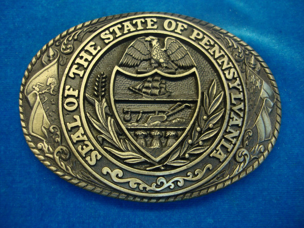 Vintage Tony Lama Pennsylvania State Seal Buckle - Solid Brass, 4x2.75 Inch