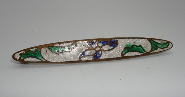 Antique Art Nouveau Cloisonné Enamel Bar Pin - Estate Find, Blue & Green Floral Design