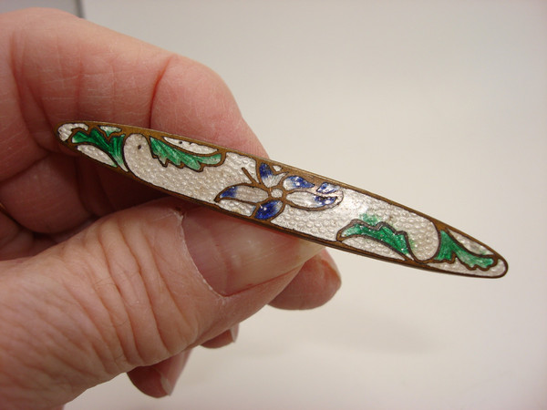 Antique Art Nouveau Cloisonné Enamel Bar Pin - Estate Find, Blue & Green Floral Design