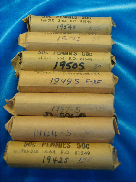 7 x San Francisco Mint Wheat Cent Rolls (1942-1954) - Estate Find
