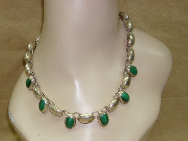 Vintage Taxco Mexico Sterling Silver Malachite Necklace - Estate Find (17.5