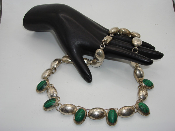Vintage Taxco Mexico Sterling Silver Malachite Necklace - Estate Find (17.5